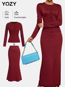 YOZY Two-piece Set Women's Solid Button Front Top & Mermaid Skirt, Casual Long Sleeve Round Neck Top & Elastic Waist Skirt for Fall & Winter, Women's Clothes for Travel Daily Wear