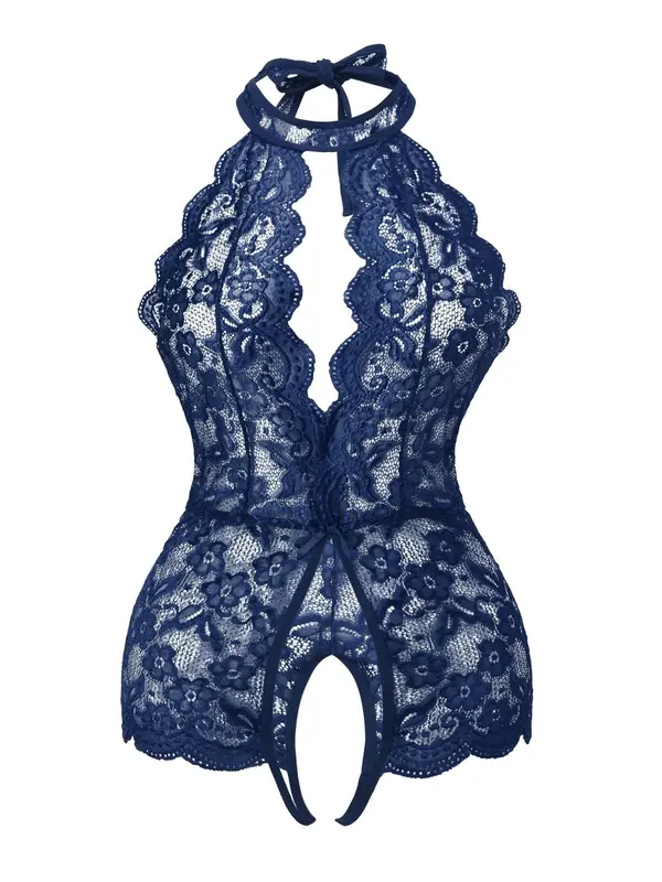 Plus Size Plain Floral Lace Scallop Trim Halter Neck Backless Sheer Sexy Lingerie Bodysuit, Elegant Sexy Tie Back Bodysuit for All Seasons, Women's Plus Size Sexy Underwear 3