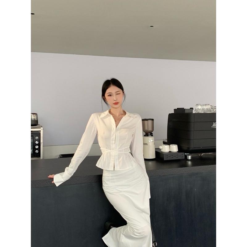 Set Áo Tay Dài Đan Chéo Eo Phối Chân Váy Dài TIBU Set Đồ Nữ Sang Chảnh Đơn Giản Đi Chơi Dạo Phố Tôn Dáng S41 Women Top Voi 4