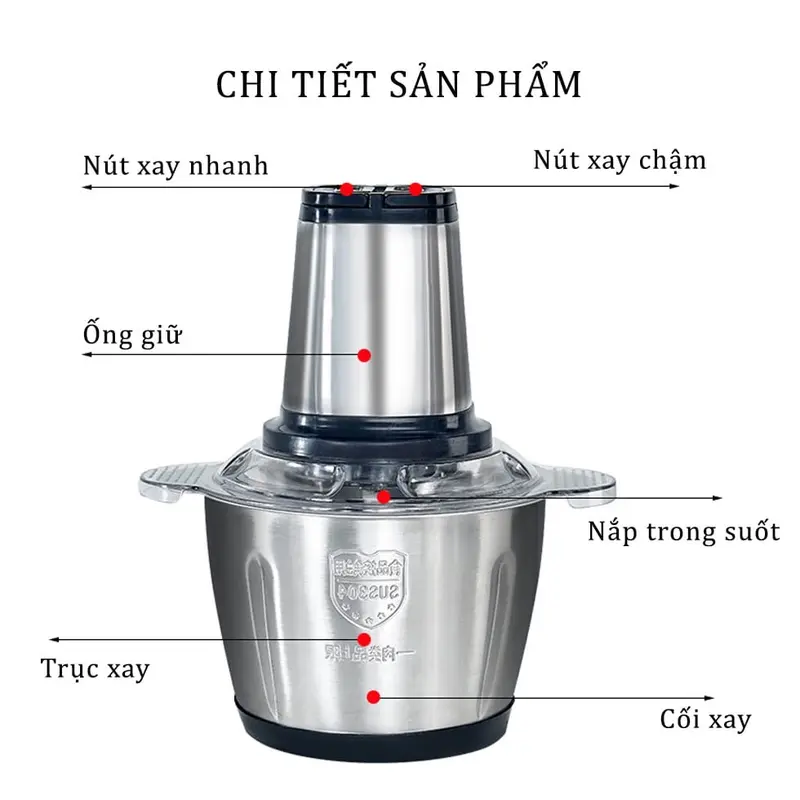 Máy Xay Thịt Đa Năng Cối INOX 304 2L Công Suất 250W, 4 Lưỡi Dao Xay Thịt Cá, Rau Củ, Xay Sinh Tố, Cối Xay Thực Phẩm Đa Năng. 1