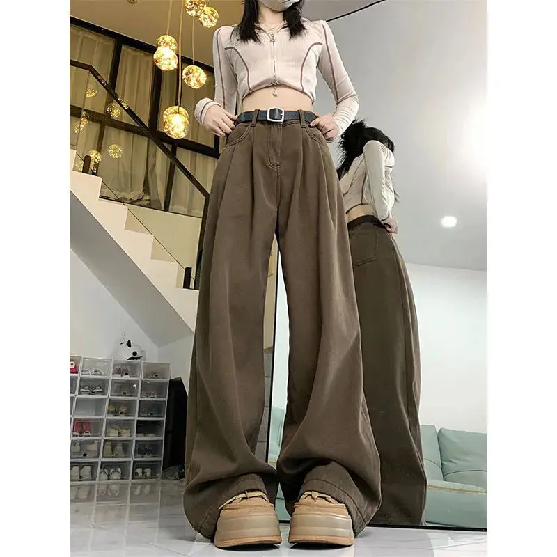 Quần Jean Ống Rộng, Màu Nâu, Dành Cho Nữ, Cạp Cao, Xếp Ly, Dáng Ôm Và Dáng Rộng, Kiểu Lặp Lại, Quần Lau Nhà Thẳng, Hàng Mới Về Mùa Thu 2024 Women Pants Ong