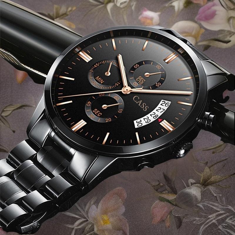 Product Introduction of CASS JAM TANGAN PRIA TERBARU 2023 BAND BAJA KALENDER LEDAKAN BAND KUARSA WATCH MEN'S BUSINESS MEN'S WATCH THREE DIAL DIAL WATCH WATCH 8