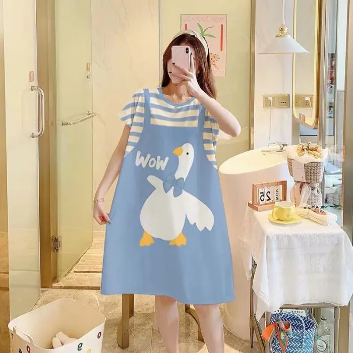 Váy Ngủ Mùa Hè, INS Phim Hoạt Hình Ngỗng Trắng Lớn Giả Hai Mảnh, Ngắn Tay, Dành Cho Nữ, Phong Cách Hoạt Hình, Dáng Rộng Thích Hợp Cho Bé Gái, Mặc Nhà, Xuyên Biên Giới, Đồ Mặc Nhà Dress Women Đầm Ngủ