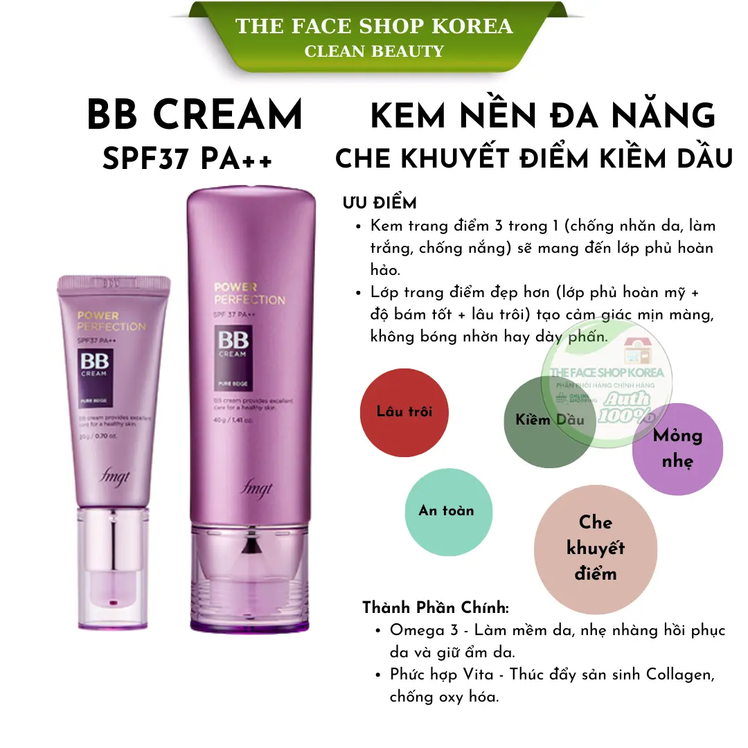 [Date 2027] Kem nền đa năng che khuyết điểm chống nắng kiềm dầu The Face Shop BB Cream Power Perfection SPF37 PA++