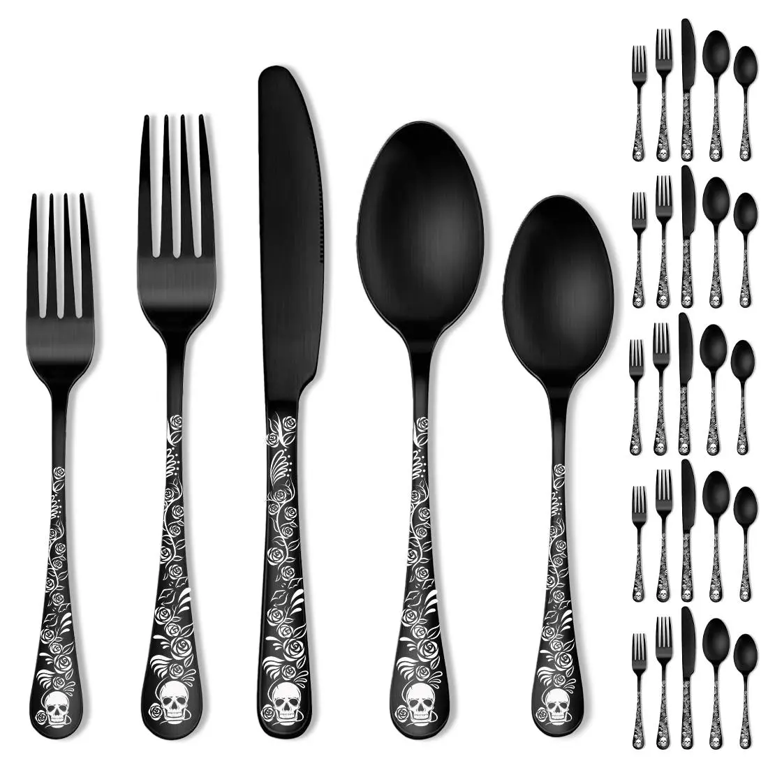 Gothic Stainless Steel Flatware Set, Skull & Rose Pattern Cutlery Set Including Spoon & Fork & Knife, Festival Party Tableware Set, Stocking Fillers Gift, Kitchenware Utensils