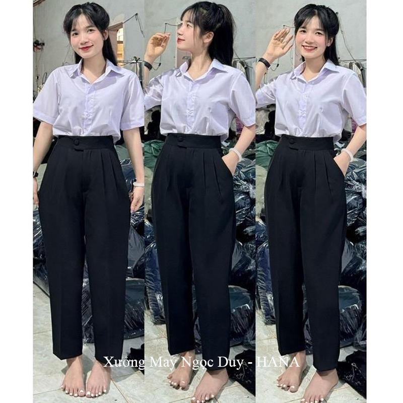 Quần tây baggy đi học nữ đi học màu Xanh Đen cạp lưng cao có đỉa đai lệch - Quần vải học sinh cấp 3 2 dày đáy cao đi học