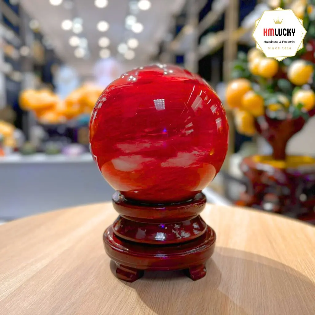 Quả Bi Cầu Đá Núi Lửa Đỏ Tự Nhiên, Quả Cầu Phong Thủy Thu Hút Tài Lộc, Nhiều Kích Cỡ (Tặng Đế Gỗ)