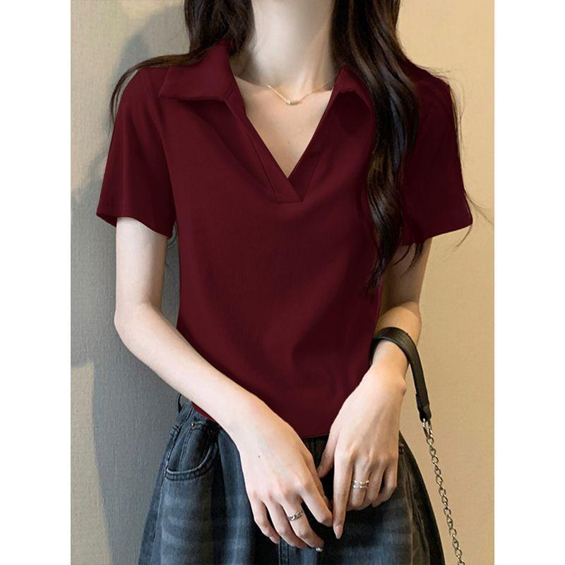 Áo Thun Ngắn Tay Cổ Polo, Màu Đỏ Rượu Vang, Dành Cho Nữ, Phong Cách Hàn Quốc, Dáng Ôm, Cổ Chữ V, Vai Nhỏ Áo Ngắn, Thích Hợp Cho Mùa Xuân Và Mùa Hè 2024 6