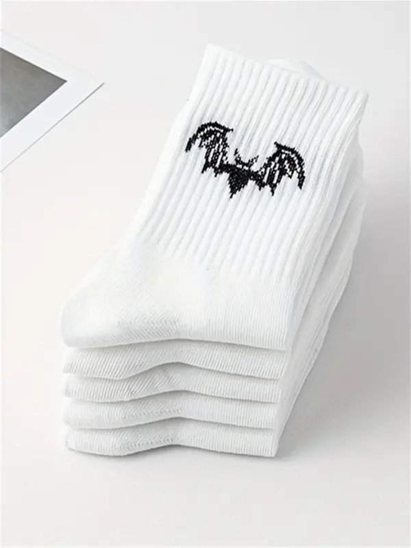 Women's 5 Pairs Bat Print Crew Socks, Fashion Casual Comfy Socks for Daily Outdoor Wear, Women Socks for All Seasons 5