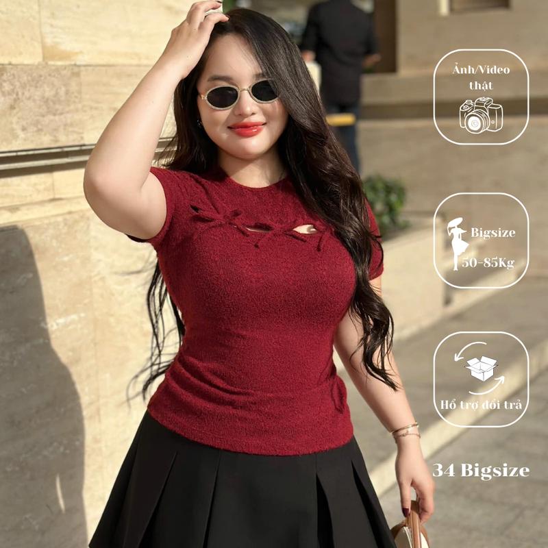 Áo len nơ ngực 34AT052 34 Bigsize, áo thun tay ngắn cho nữ đi chơi đi dạo phong cách dễ thương