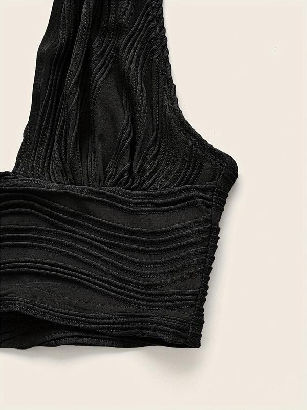 Women's Textured Plunge Neck Sleeveless Halter Crop Top, Trendy Backless Crop Tank Top for Party Holiday Beach, Summer Clothes Tops 3