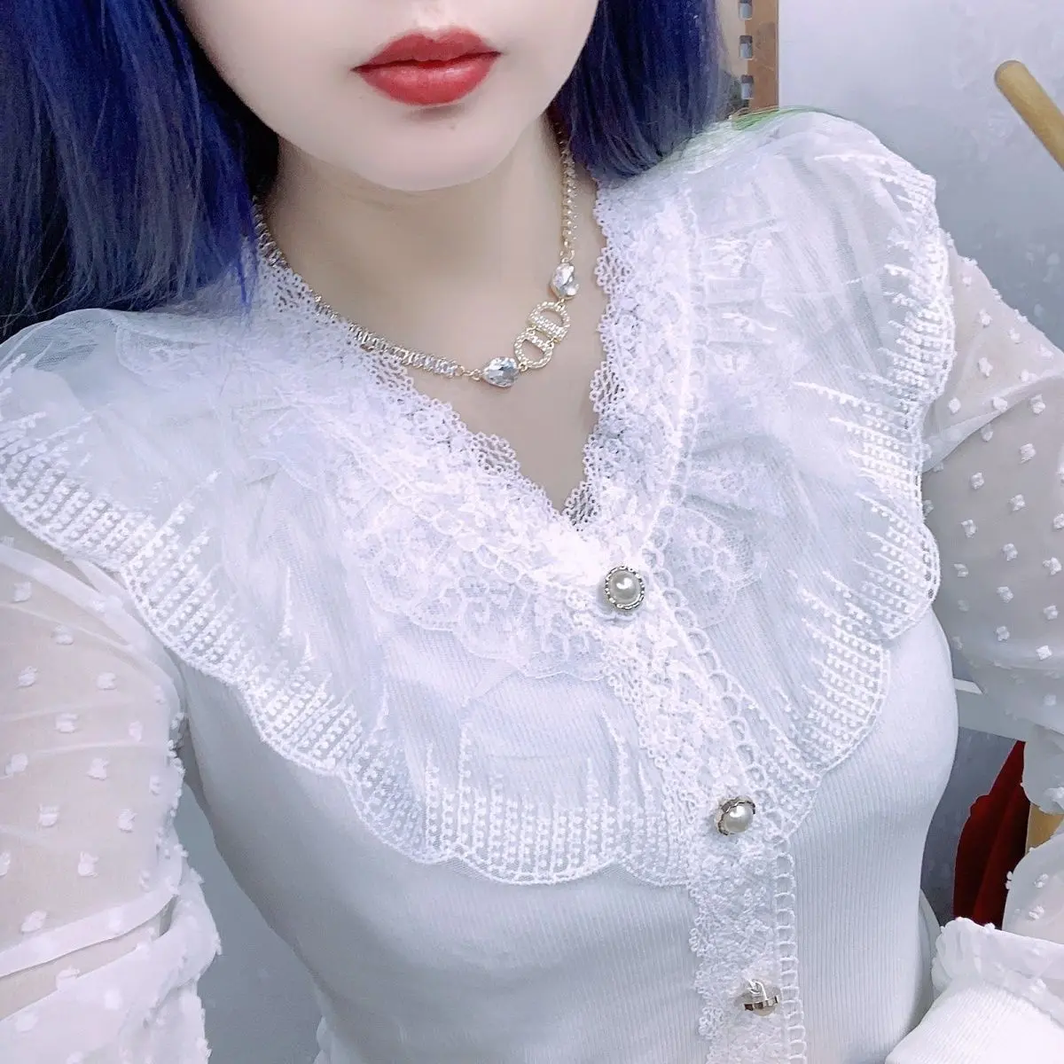 Áo Mùa Xuân Và Mùa Thu, Áo Sơ Mi Nữ, Cổ Chữ V, Có Đế Ren, Ren Lớn, Dài Tay, Cỡ Lớn, Thích Hợp Cho Mùa Xuân Và Mùa Thu, Quần Áo Của Mẹ, Phong Cách Mootd Béo，Ins Năm 2024 Shirt