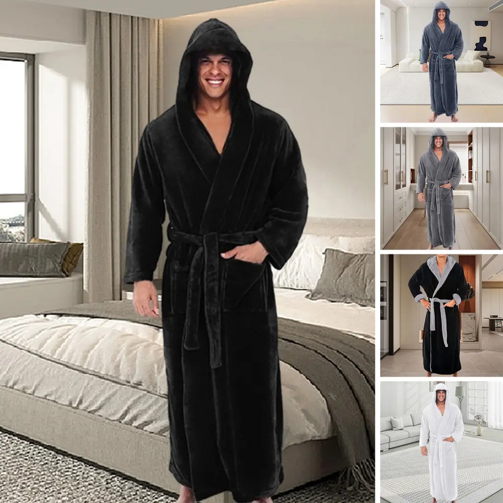 Huxriqvy Plush Bathrobe Soft Fluffy Hooded Bathrobe Luxurious Men's Hooded Bathrobe Soft Fluffy and Absorbent with Adjustable Belt and Pockets for Relaxing at Home or Spa Day