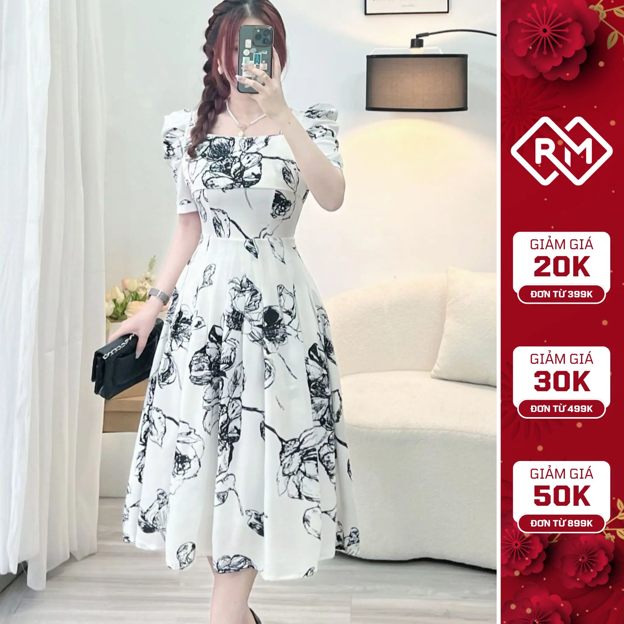 Đầm Hoa Thiết Kế Cổ Vuông Họa Tiết Cổ Điển - Nhẹ Nhàng - Thanh Lịch - Mã #V66 Màu Trắng