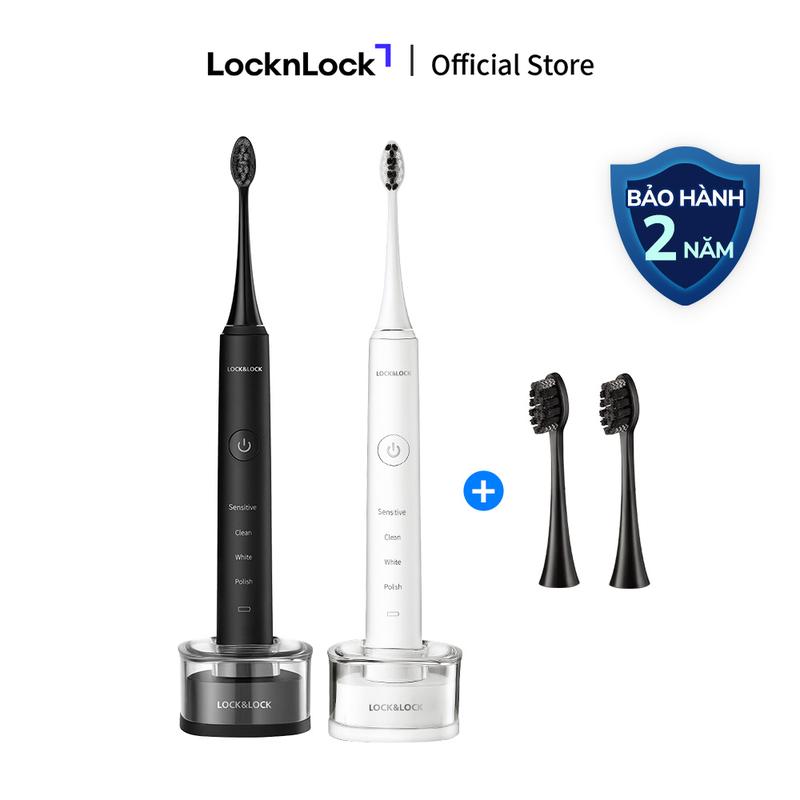 Bàn chải đánh răng điện LocknLock sạc không dây ENR346 màu trắng & màu đen - Bộ sạc không dây - 4 chế độ làm sạch - tặng kèm hai đầu chải