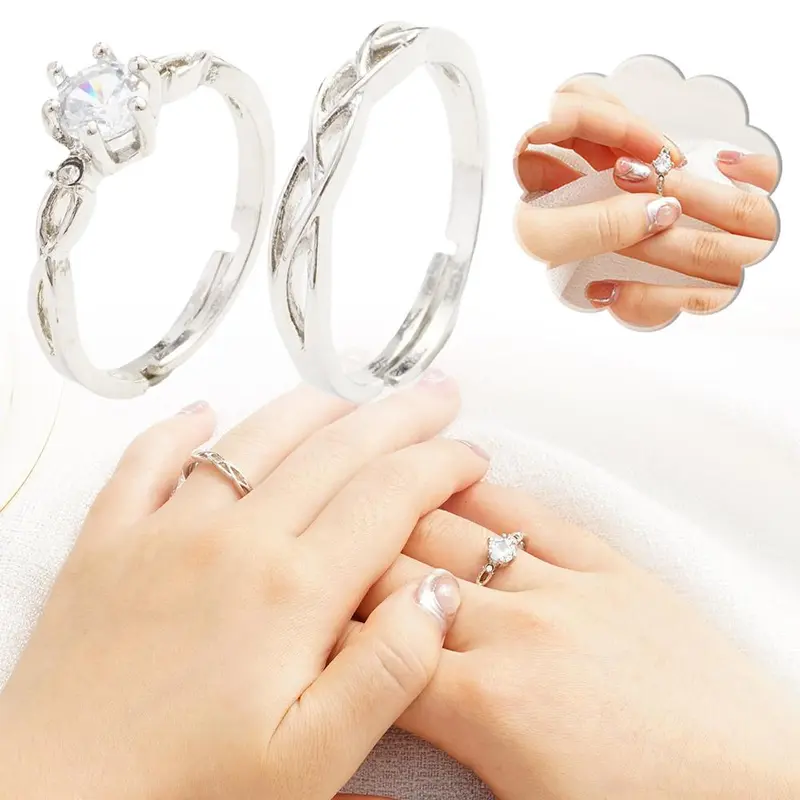 Nhẫn Ngón Tay Kim Cương Giả, Hợp Kim Đơn Giản, Dành Cho Phụ Nữ Và Nam Giới, Cá Tính, Mở Có Thể Điều Chỉnh Nhẫn Đôi, Phụ Kiện Đám Cưới 5