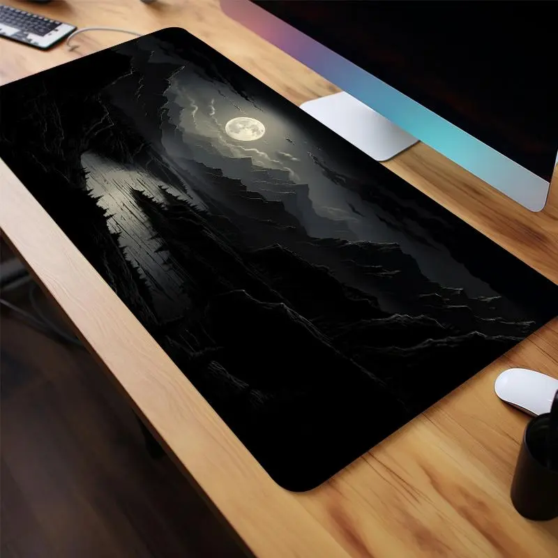 Moon & Mountain Pattern Mouse Pad, Large Gaming Mouse Pad, Office Desk Accessories Non-slip Rubber Base Stitched Edge Desk Pad For Home Office Game 3