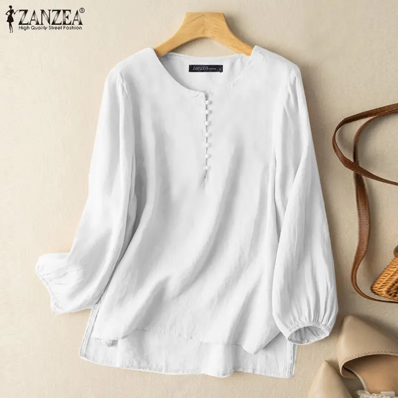 ZANZEA Women Casual Loose Long Sleeve Crew Neck Blouse Simple Basic Irregular Hem Solid Tops
