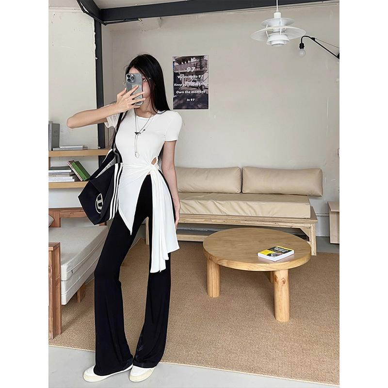 Product Introduction of Áo Thun Ngắn Tay Dây Đeo Thắt Lưng Đầu Xẻ Bất Đối Xứng MOSESQUEEN, Dành Cho Nữ, Áo Đệm Vai Đầu Mùa Thu Cao Cấp, Thiết Kế Mặc Trong Độc Đáo Và Sang Trọng, 62807 4