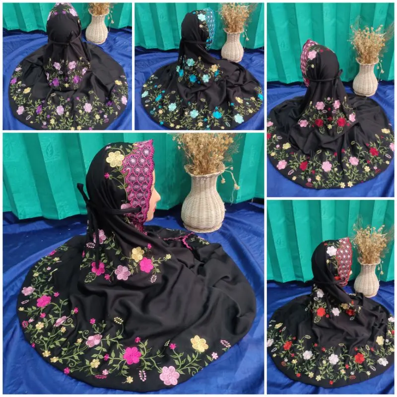 Mukena Terusan Dewasa Polino Warna Hitam Bordir Bunga Jasmine Cantik Motif Nyaman Muslim Navy Mukenah Katun Panjang Renda Santri 2