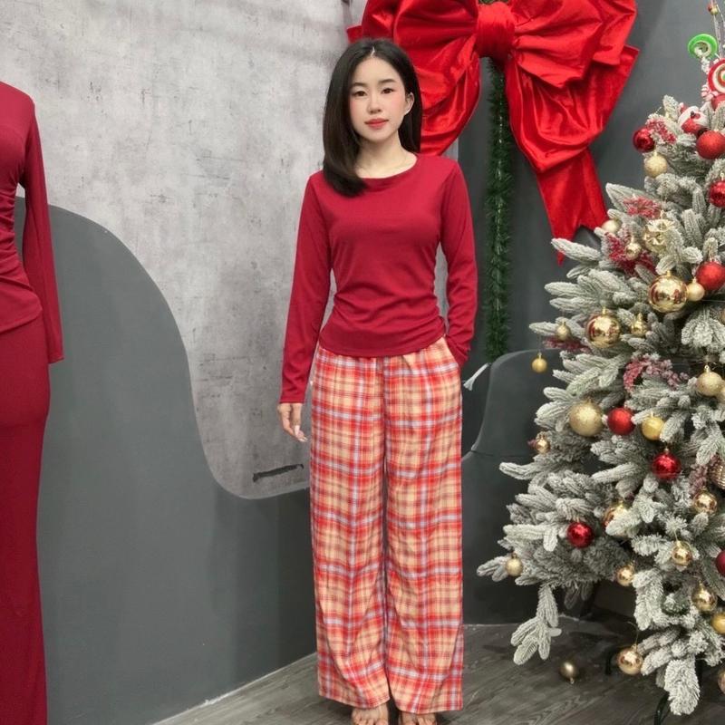 Sét bộ thu đông tay dài cổ tròn phối quần lụa thời trang phù hợp thu đông Women Top Áo Nữ Thun Tay Loe Nhung