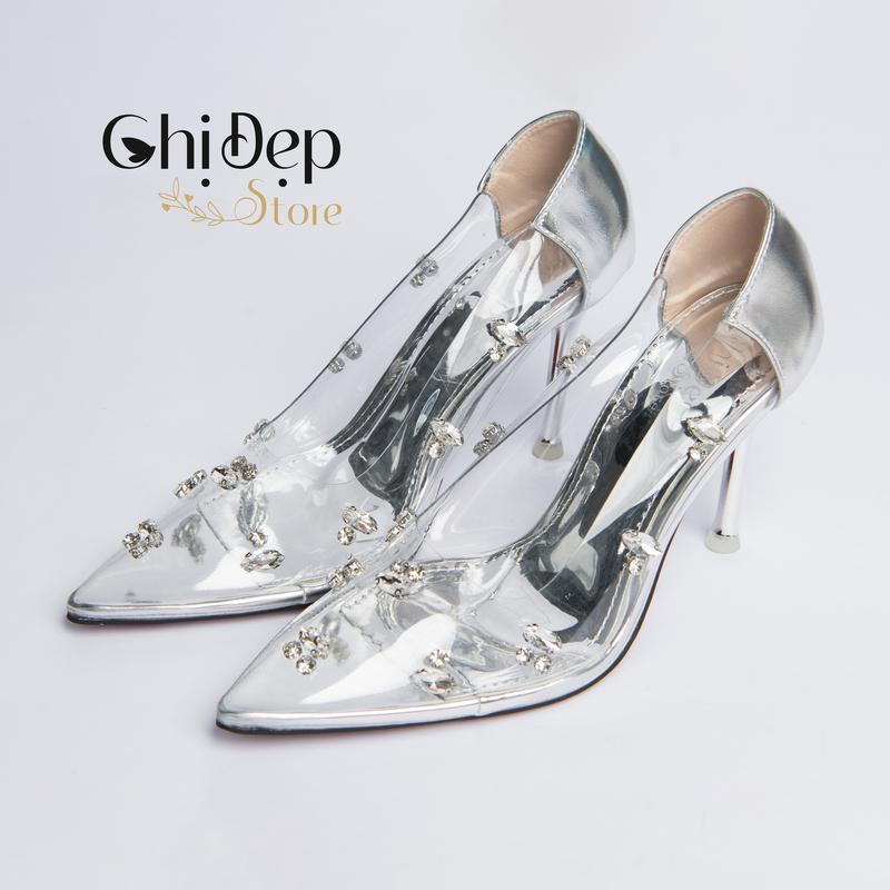 Chị Đẹp Store - Giày mika trong suốt cao gót bít mũi gót nhọn 9 phân đính đá pha lê sang chảnh - CD130 Shoes Nữ