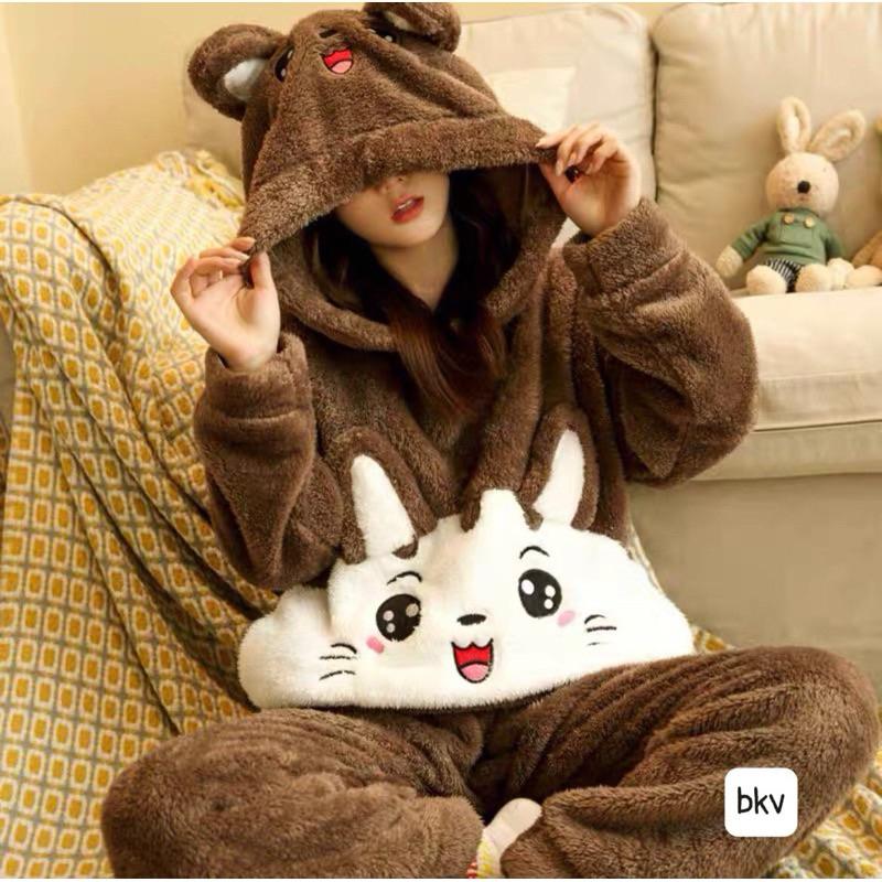 Bộ ngủ lông cừu thêu mèo dễ thương, Sét pyjama lông mũ tai gấu chất dày dặn ấm áp màu hồng nâu form rộng unisex hàn quốc, EYE 2T 5