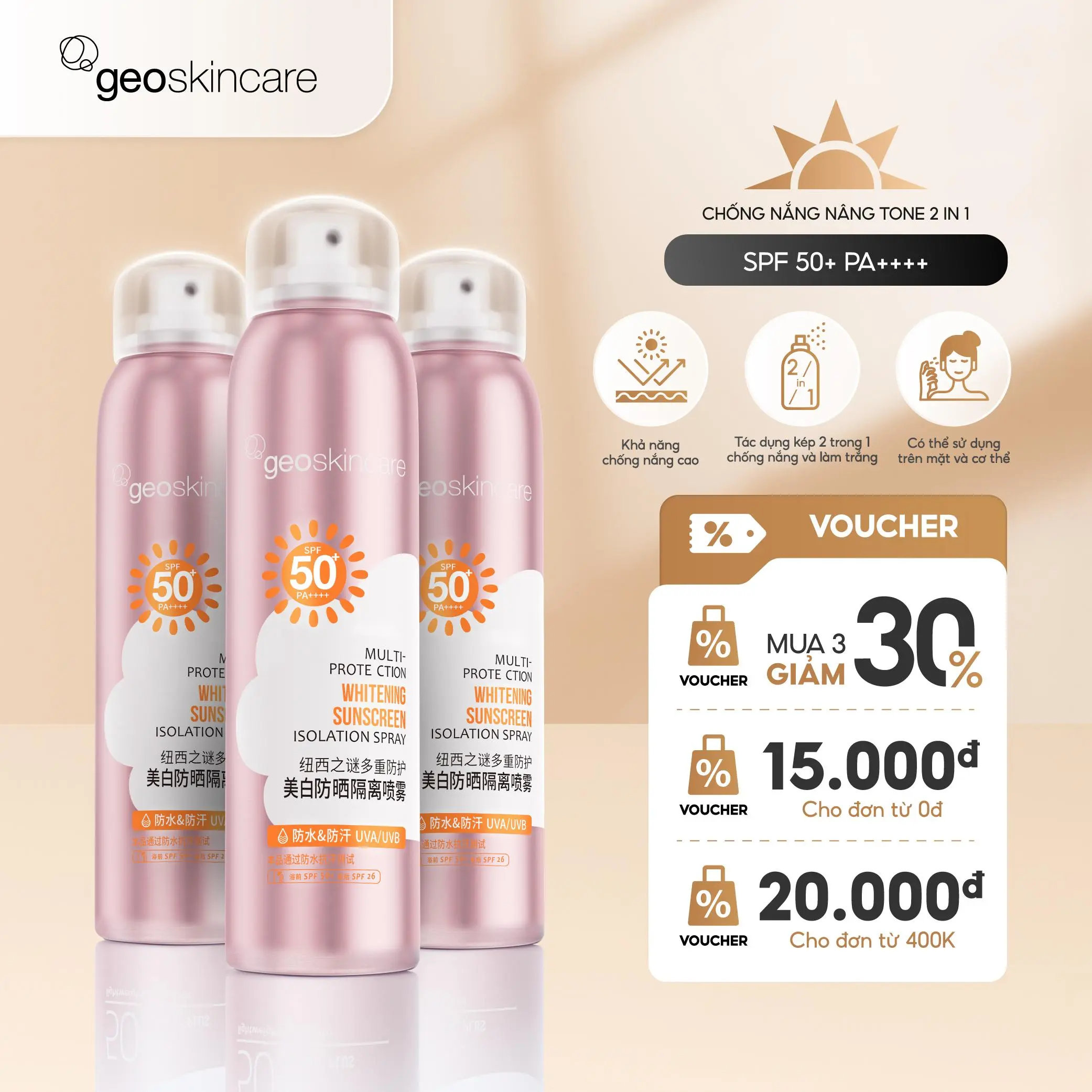[Geoskincare] Xịt Chống Nắng Nâng Tone SPF50+ PA++++ 120ml Bảo Vệ Nhiều Lớp, Kháng Nước Và Mồ Hôi
