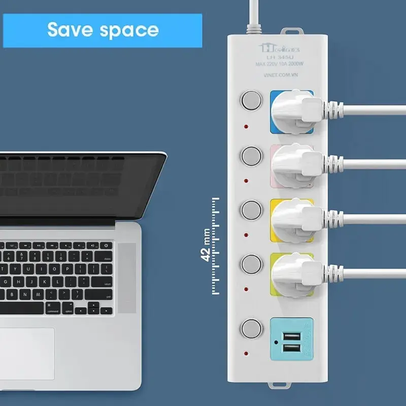 Ổ cắm điện đa năng thông minh kèm 2 cổng sạc USB đa năng và 4 lỗ cắm, Dây Cáp Dày Chất Lượng Cao 8