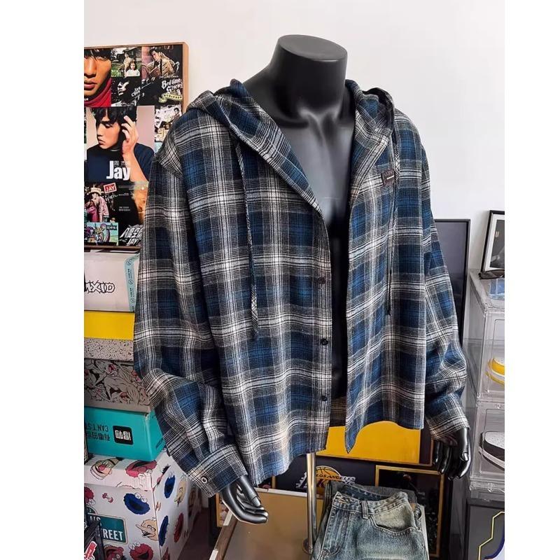 Blue Gray Plaid Hooded Plaid Shirt Korean Vintage Long Sleeve Top Men's Loose Shirt 3