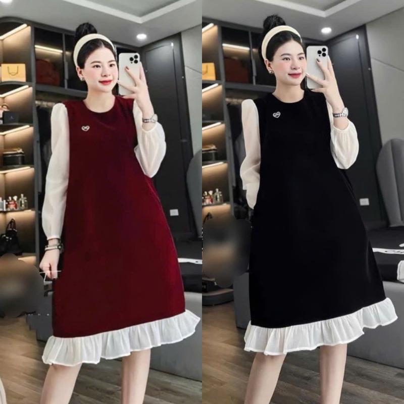 Váy Đầm Bầu Nhung Lì Tay voan siêu xinh - Đầm váy bầu thiết kế dài tay dáng suông bầu mặc Tết Noel Đỏ váy bầu Nút Black đỏ khóa kéo ❣❣váy đen q45❣❣ đính đá