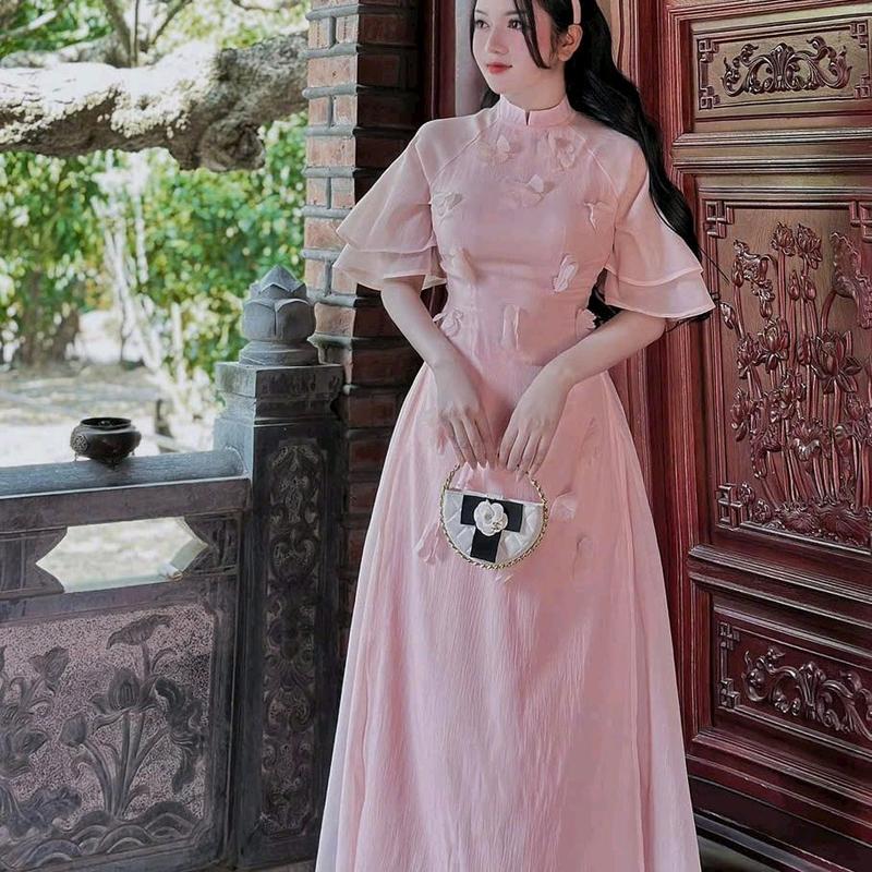 SÉT ÁO DÀI TƠ ĐÍNH BÔNG tay phồng phối chân váy voan lụa 1