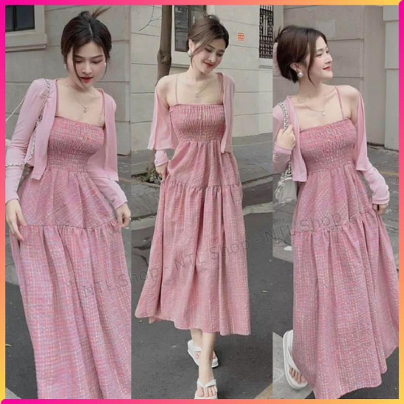 Set váy 2 dây hồng kèm áo khoác ngoài dành cho nàng bánh bèo, tiểu thư, set đầm váy maxi 2 dây đi biển đẹp Nữ Women Màu Hồng