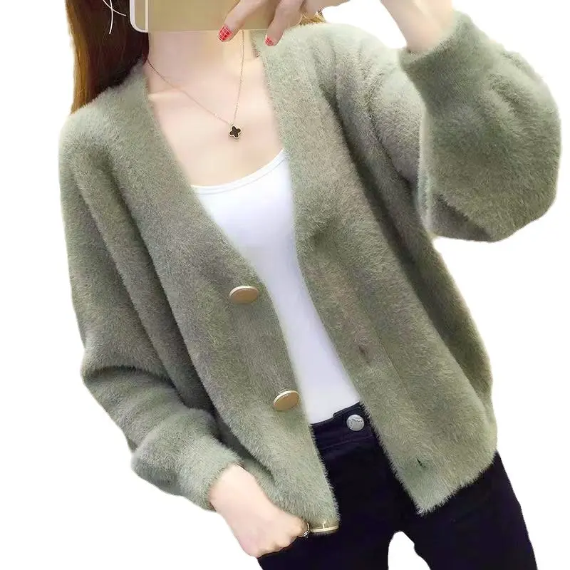 Áo Khoác Cardigan Dệt Kim Len Giống Lông Chồn Phong Cách Hàn Quốc, Áo Len, Dành Cho Nữ, Ngắn Và Dáng Rộng Vừa Vặn, Áo Mặc Bên Ngoài, Mùa Xuân Và Mùa Thu, Hàng Mới Về Women Top
