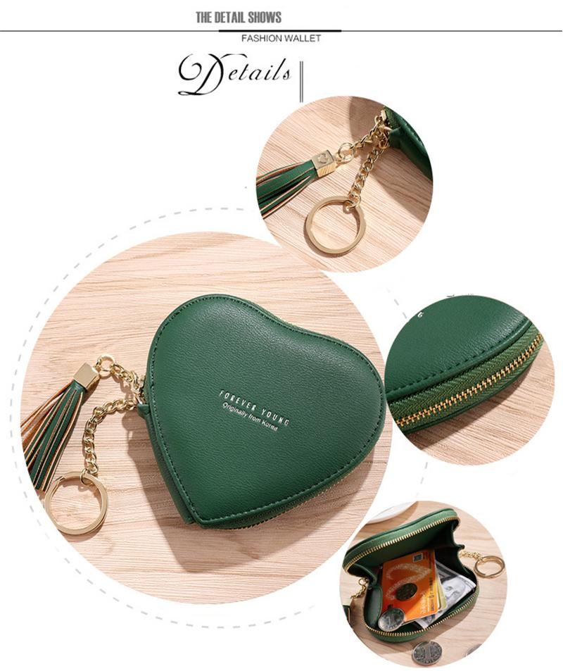 Product Introduction of Fashion heart-shaped female purse PU leather tassel mini clutch keychain coin purse 5