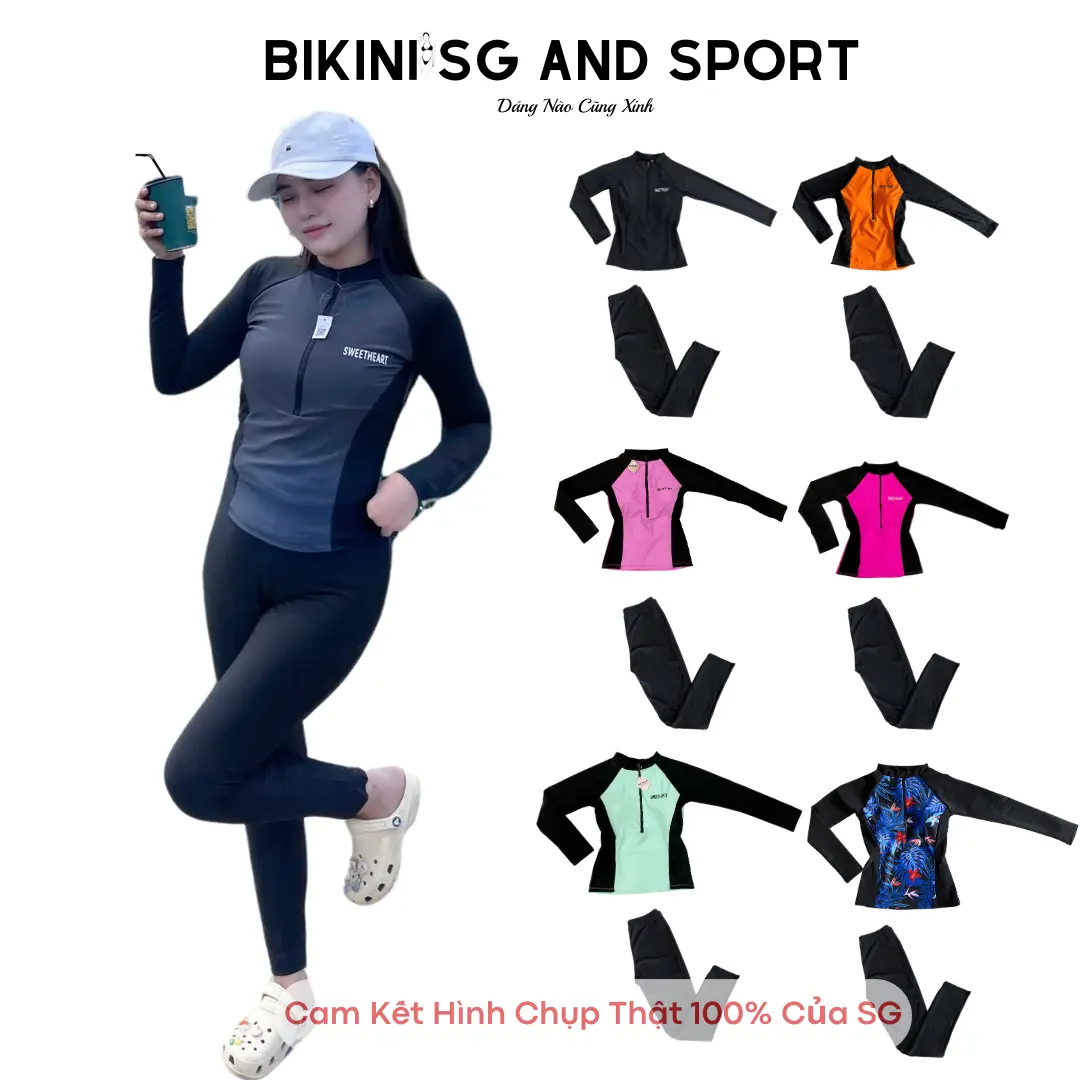Bikini SG - Đồ bơi nữ chống nắng, áo bơi dây kéo kết hợp quần bơi dài chân lưng cao ôm body tôn dáng - Màu đen - Thun, Cao Su Sport Chạy Bộ