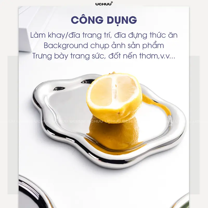 Khay Sứ Mạ Bạc Cao Cấp UCHUU, Đĩa Viền Dày Đựng Trang Sức, Đồ Ăn, Background Chụp Ảnh, Decor Phòng 4