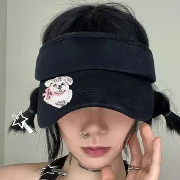 Small dog design embroidered sun protection hat Korean version empty top hat women's summer outdoor love tennis hat