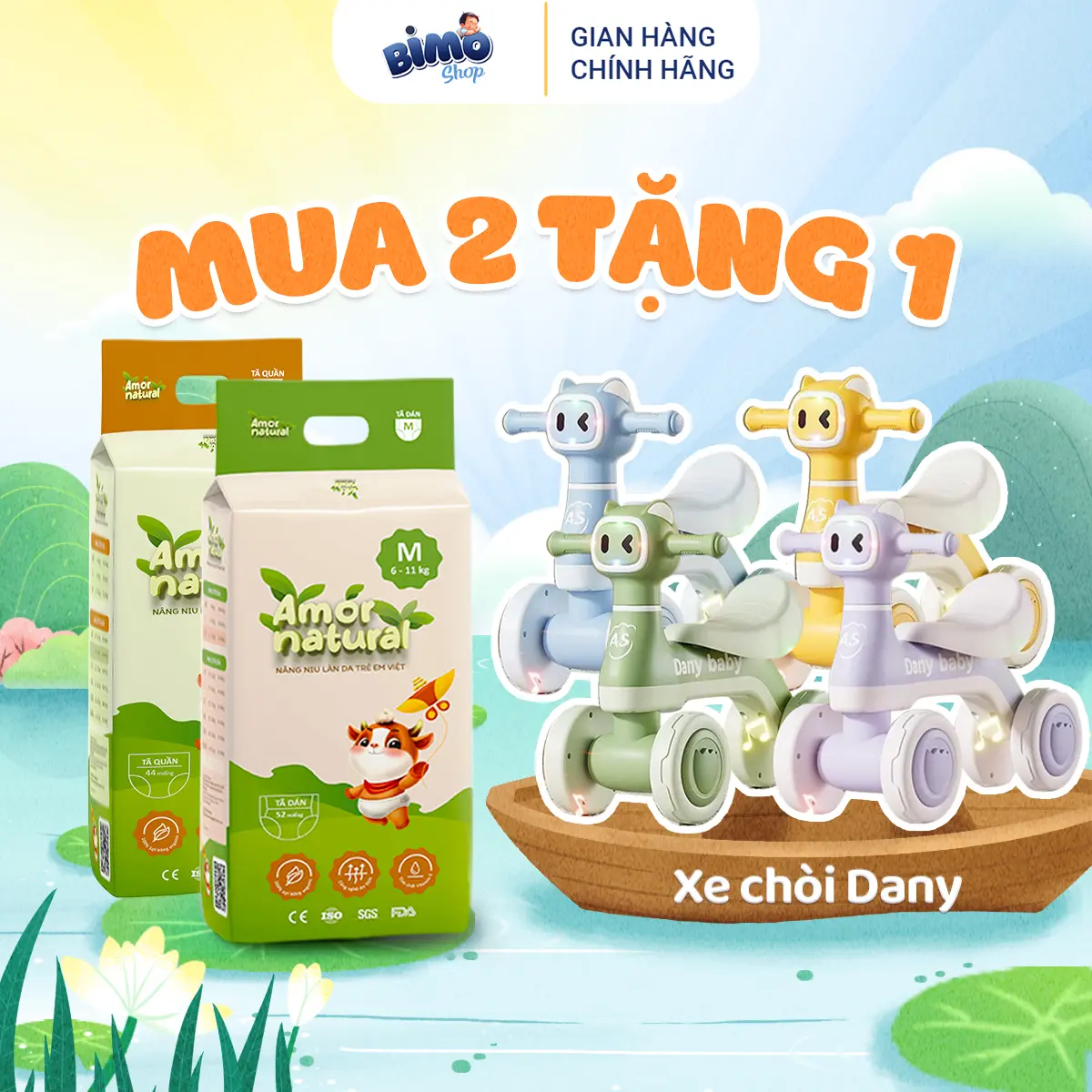 (2A) [TẶNG XE CHÒI DANY] Combo 2 Bịch Tã/ Bỉm AMOR NATURAL Thoáng Khí Mỏng Nhẹ Cho Bé