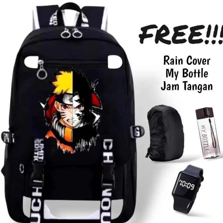 TAS RANSEL SEKOLAH ANAK LAKI LAKI PEREMPUAN KARAKTER NARUTO SASUKE TAS ANAK LAKI LAKI TK PAUD SD TAS NARUTO FASHION KEKINIAN KECE FREE JAM LED MY BOTTLE BANYAK BONUSNYA