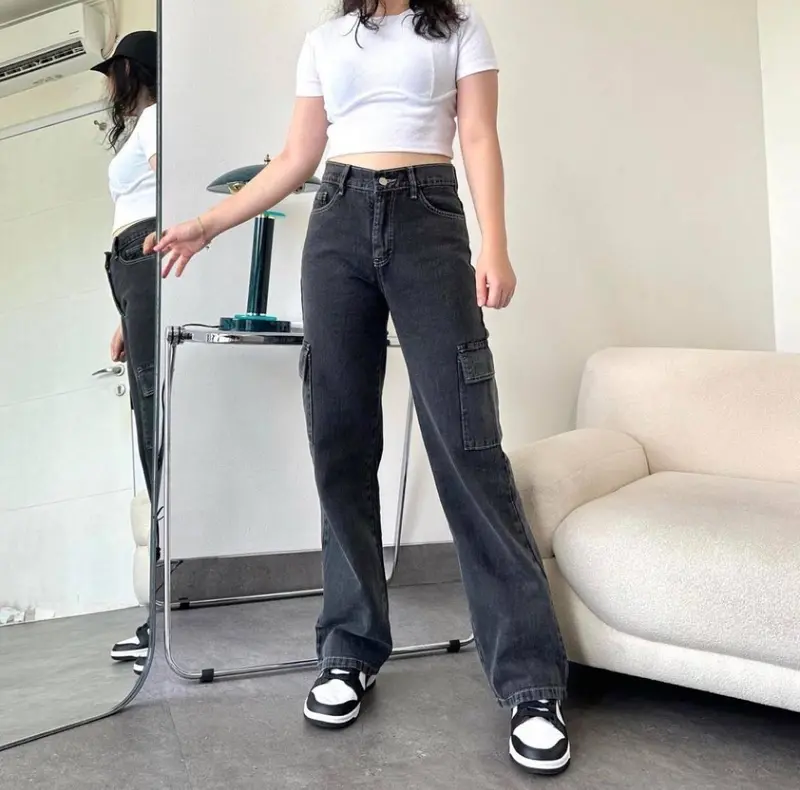 CELANA KULOT CARGO LOOSE HIGHWAIST WANITA PREMIUM Denim Kancing Light Panjang Saku Samping jeans 4