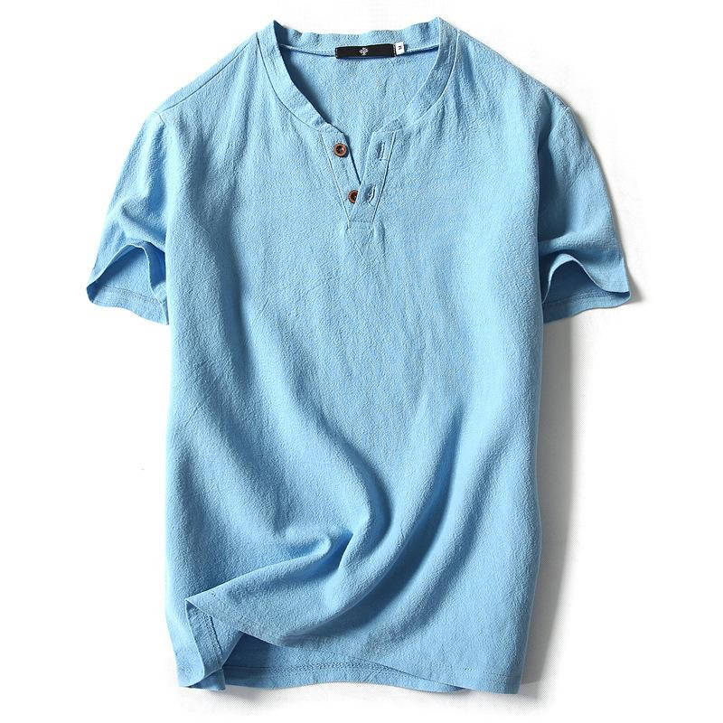 Men's Plain Shirt V-neck Tshirts Japanese Harajuku Cotton Linen With Buttons Csual Short Sleeves White T shirt  Big Size 4XL 5XL 8