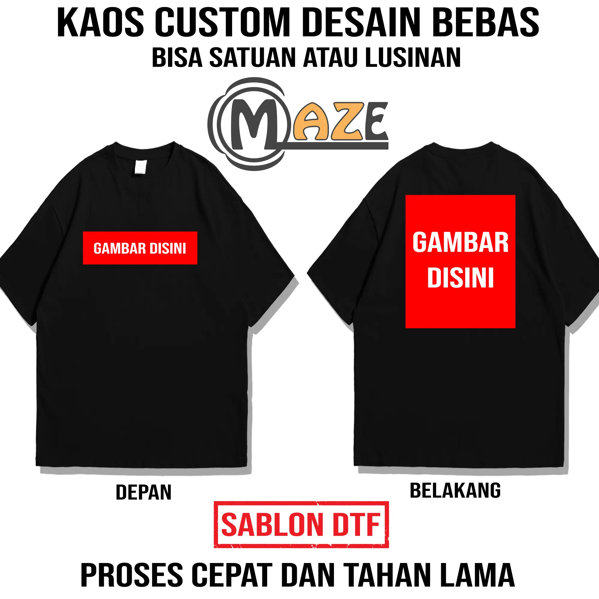 Kaos Custom Sablon Desain Sendiri A5 + A4 / Kaos Sablon DTF Gambar Bebas T-Shirt Keren Baju Distro Pria Oblong Combed Digital Printing