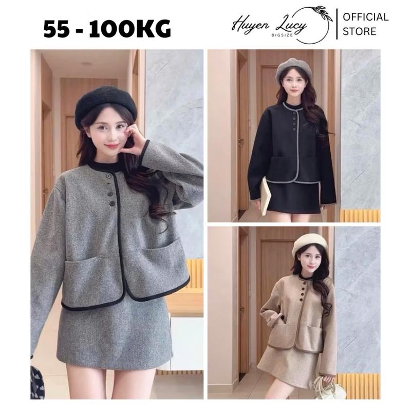 Set dạ ép nữ bigsize áo khoác phối viền cúc dọc kèm váy đi chơi đi làm nhẹ nhàng dễ phối đồ trend Huyền Lucy Bigsize