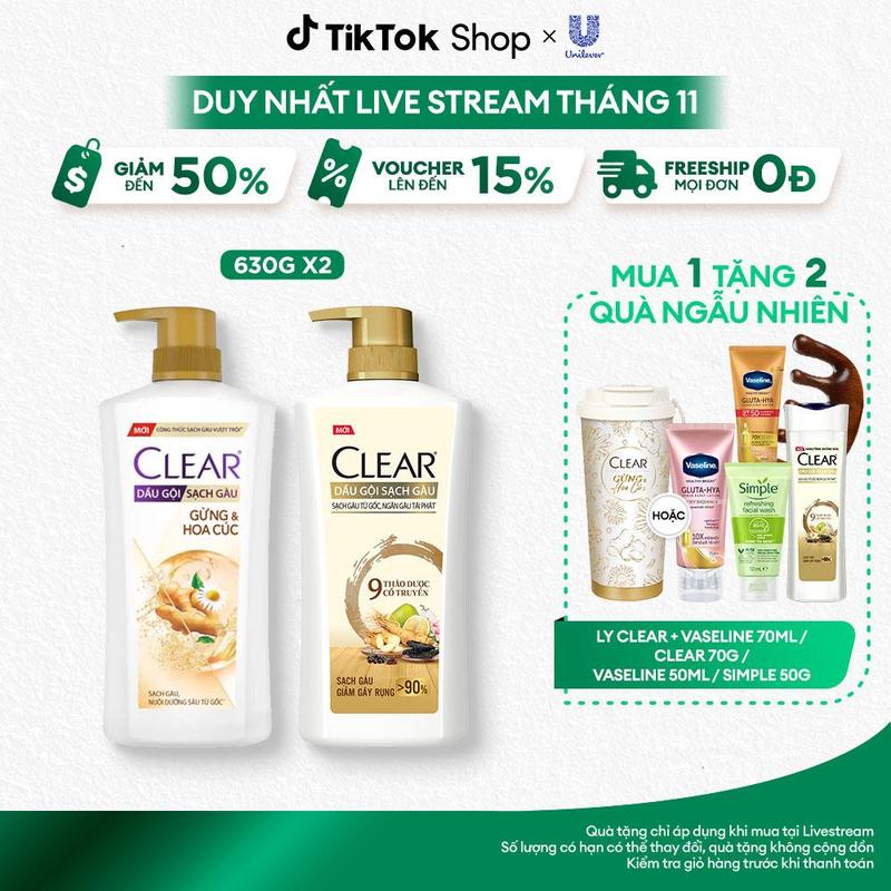   5  COMBO 2 DẦU GỘI CLEAR GỪNG & HOA CÚC VÀ 9 THẢO DƯỢC CỔ TRUYỀN 2x630G 