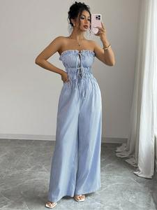 Mono casual de verano para mujer con estampado de rayas y pierna ancha estilo bandeau