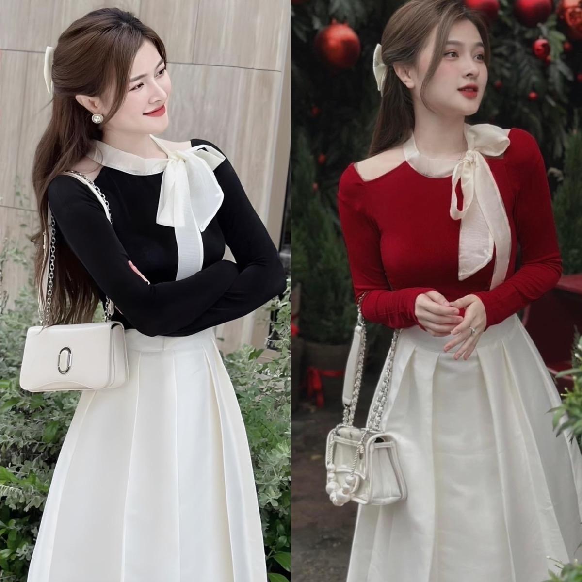 [Độc quyền trên TTS] Áo Cổ Tròn Thắt Nơ Vai Noel Nỉ Tăm Bigsize 50 - 100Kg Dễ Thương Top Nữ Dress Đen Cotton Kim Tuyến Women - B.1254