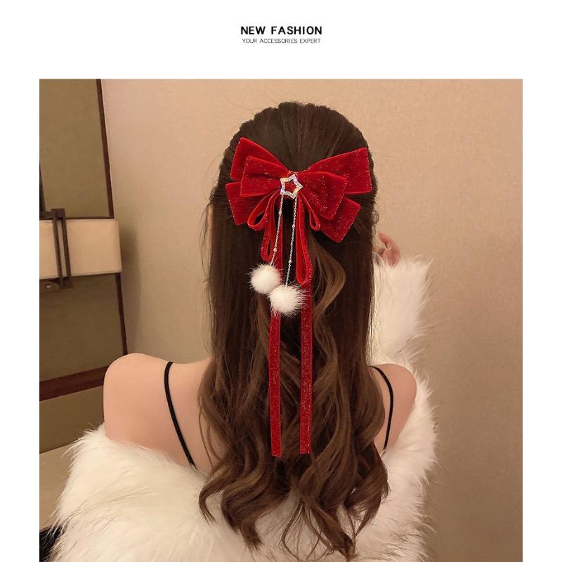 Product Introduction of Baby Costume Jewelry New Year's celebration red big bow gold velvet star hair clip hair accessory hair ball tassel headband top clip women autumn and winter 7