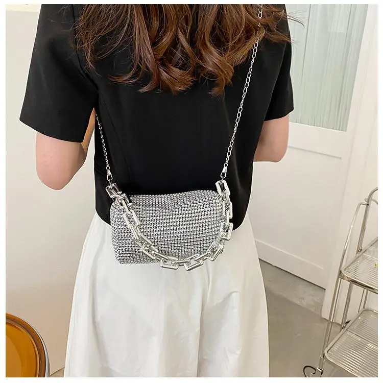 Dây Xích Kim Cương, Thời Trang, Dành Cho Túi Đeo Chéo Nữ, Xu Hướng Mới, Màu Trơn Có Khóa Kéo, Túi Đeo Chéo Dưới Cánh Tay Nữ, Túi Đưa Thư, Thích Hợp Cho Bữa Tiệc Buổi Tối, Túi Cầm Tay 2