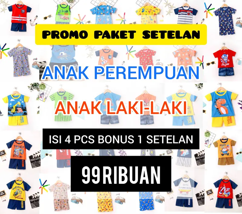Vizka Kids -BUY 4 SETELAN FREE 1 PCS  PAKET SETELAN ANAK PEREMPUAN/LAKI -LAKI/UNISEX USIA 0 - 7 TAHUN 0